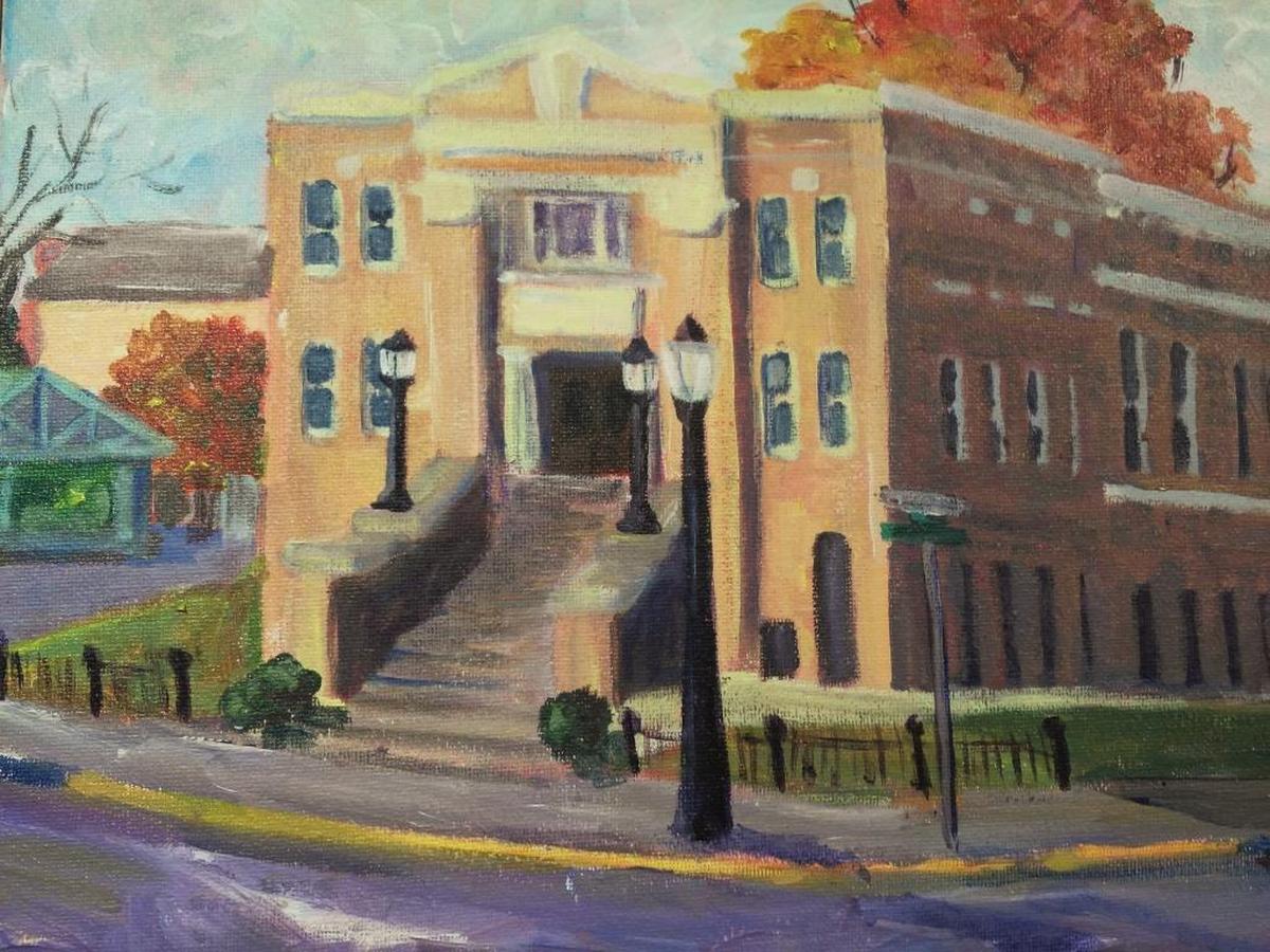 The painting, “Trailhead Church in Edwardsville” by Kelsey Seidel may be viewed and purchased at the Edwardsville Arts Center Holiday Exhibit.