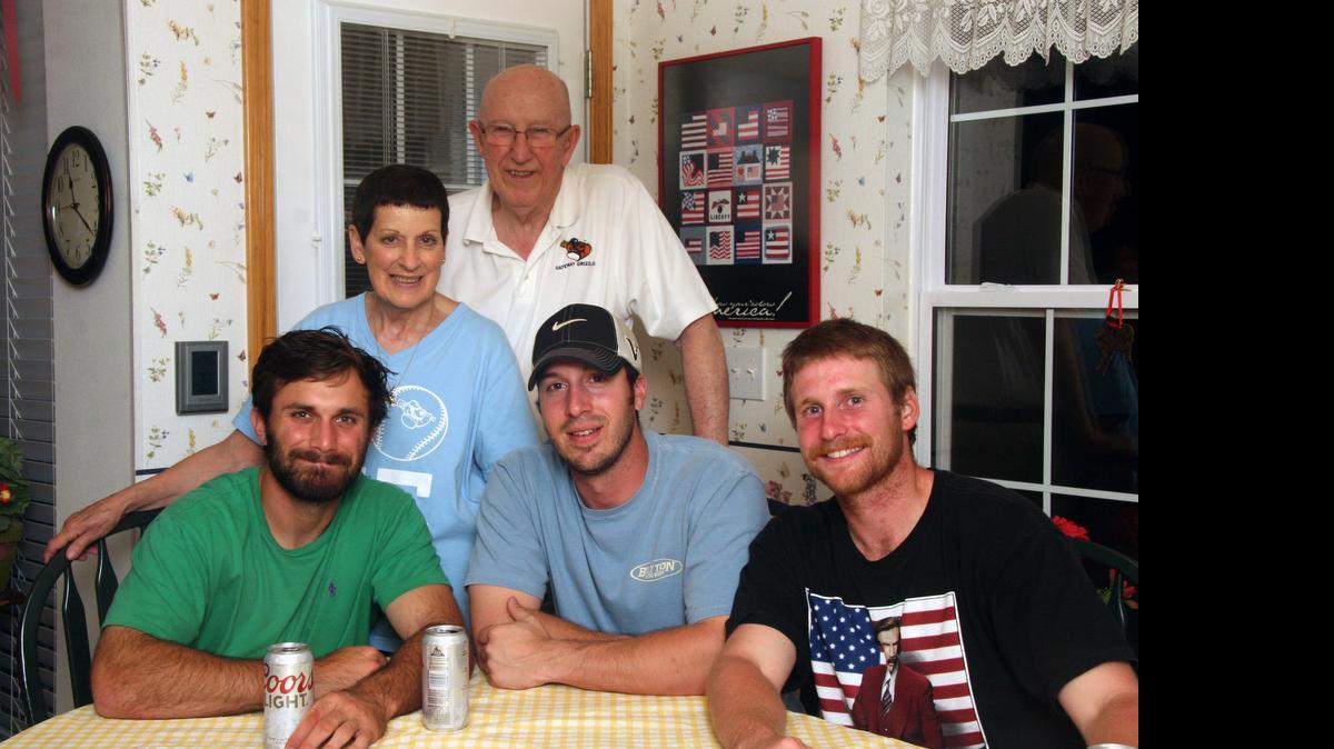 
Kay and Ken Jones, of Collinsville, have been hosting Grizzlies players for 14 years. The three living with them now are Bradon Reitano, left, Ryan Soares and Tyler Tewell. Kay is host family director for the Grizzlies.
