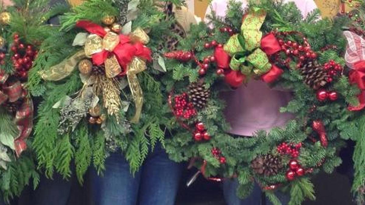Some of the wreaths made at the 2014 workshop at Sandy’s Back Porch in Belleville.