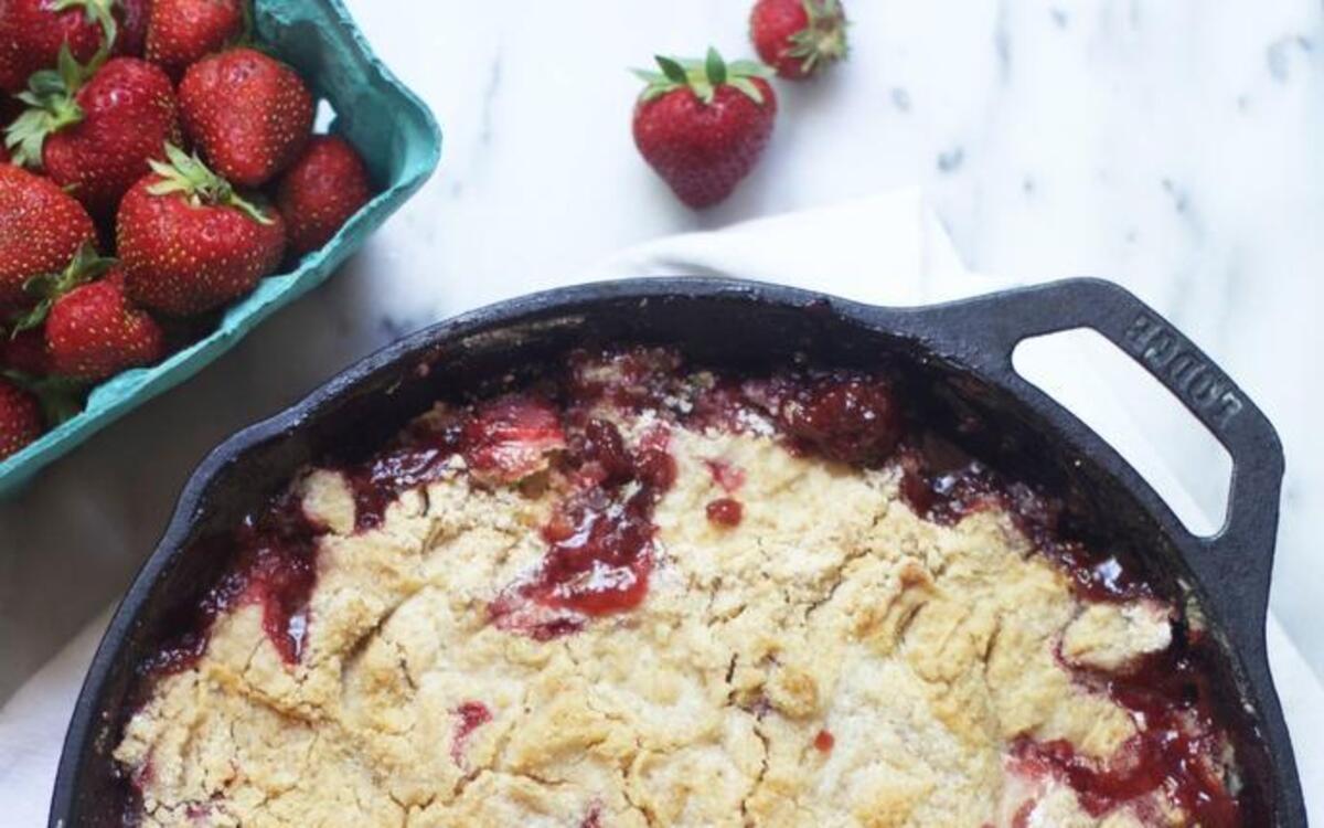 Strawberry-Rhubarb Dump Cake can be made in a skillet, pie pan or square cake pan. Serve with ice cream.