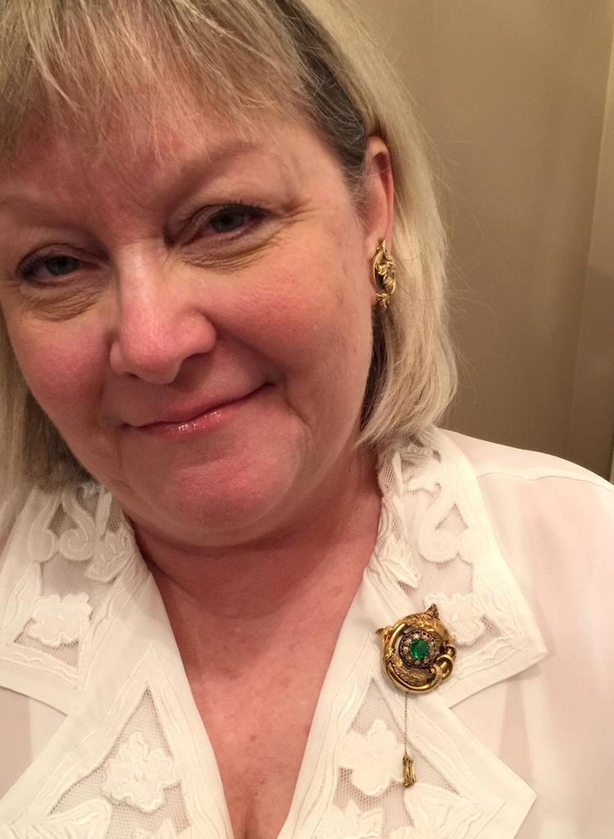 Cathy Teater will portray her great-great-great-grandmother, Pauline Teichmann, in the Mascoutah City Cemetery Walk on Sunday, wearing a brooch that Pauline’s father had made for her in 1856.