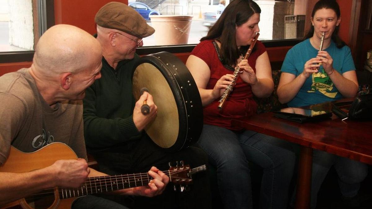 The Irish group Celtica includes, from left: Paul Niesen, Charlie Nesmith, Cheryl Schaefer and Allison Niesen. Celtica will perform at the Belleville Philharmonic Orchestra concert on Sunday.