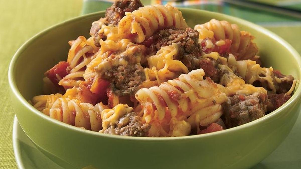 Simple Hamburger Hot Dish uses fun short pasta to get kids to eat and keep the mess down.