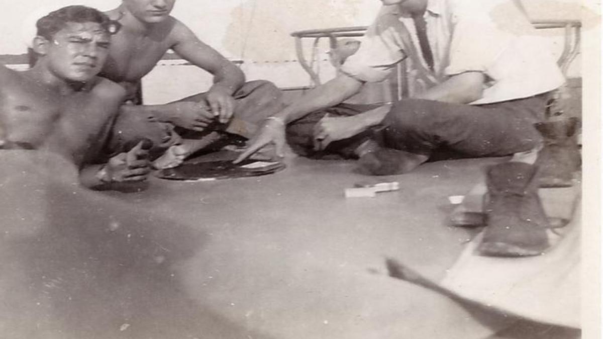 Don Lougeay, of Belleville, far right, during his time in the U.S. Navy in 1944. He ran into two other sailors from Belleville while stationed on Espiritu Santo.