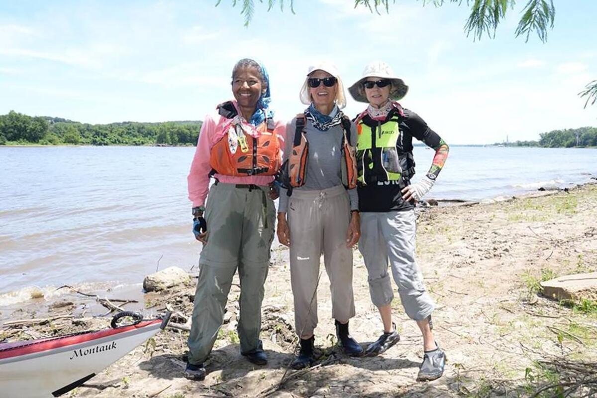 From left, Yolandea Wood, Joan Twillman and Carol Heddinghaus stop at Hideaway Harbor Park in St. Charles County, Missouri, more than 1,000 miles downstream from the headwaters of the Mississippi River.