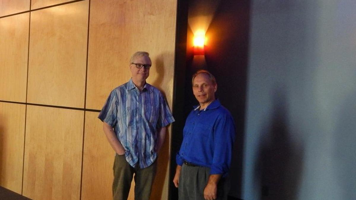 
Scott Miller, left, and Rob Lippert in the lobby of the new Marcelle Theatre in St. Louis.
