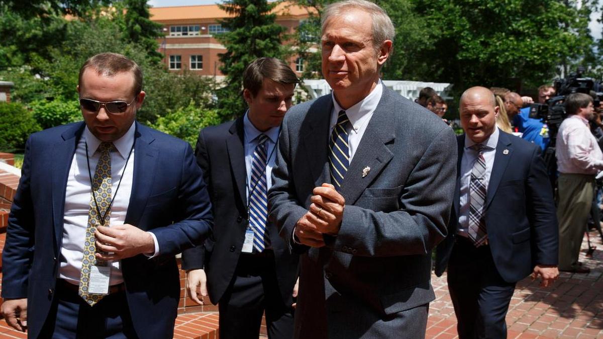 
Illinois Gov. Bruce Rauner attends a news conference Friday at the Executive Mansion in Springfield. The Republican governor is preparing to unleash political ads criticizing Democrats over their proposed state budget.
