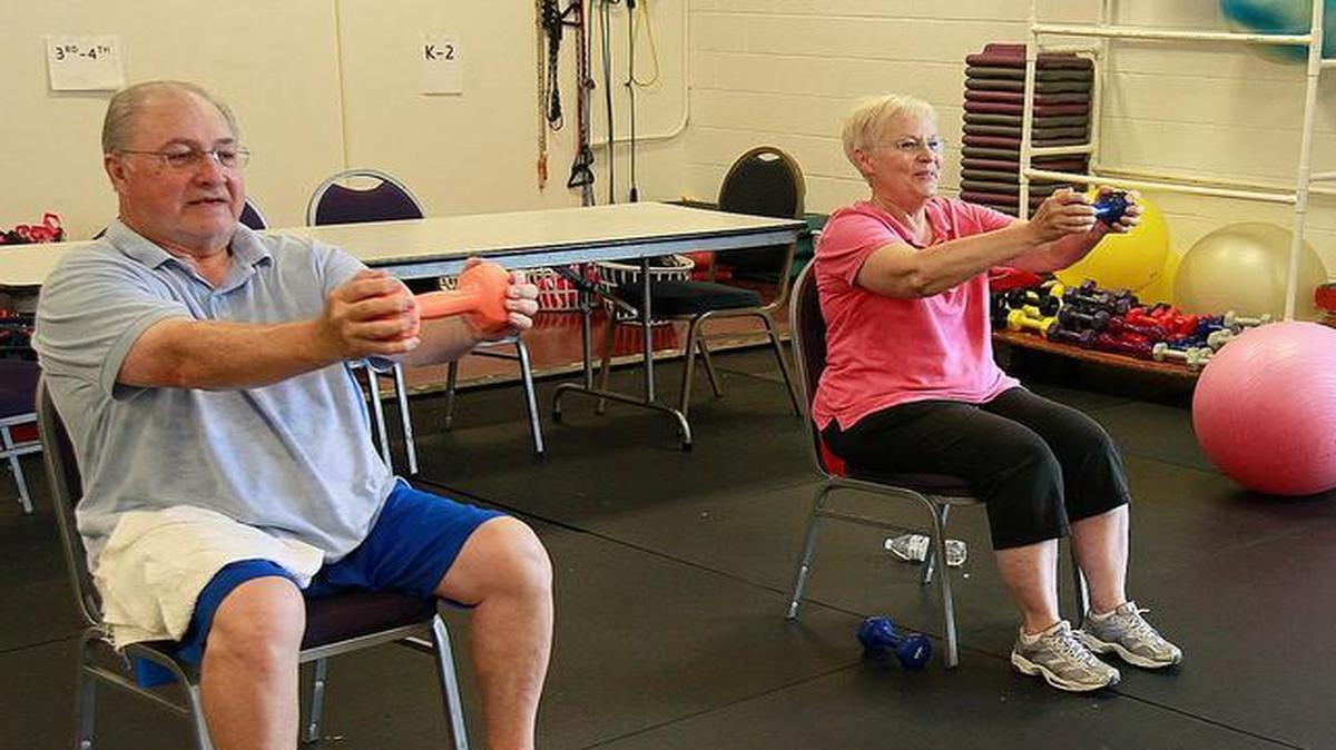 
The Granite City YMCA has started an affiliation with other YMCAs in the metro-east and southwestern Illinois. Here, senior aerobics instructor Debbie Cochran (right) works with Joe Baker and his wife Karren Baker of St. Louis.
