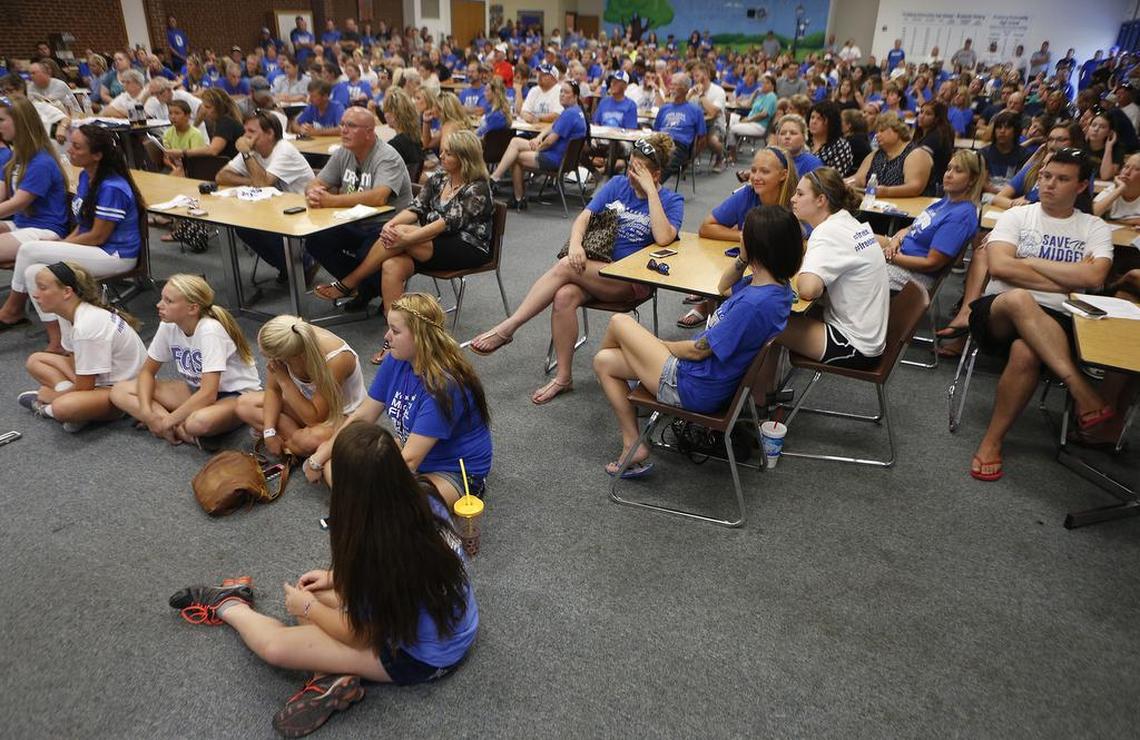 This 2015 file photo shows the crowd of people who attended the Freeburg High School Board of Education meeting to express support for the “Midgets” as the Little People of America asked the district to change the mascot.