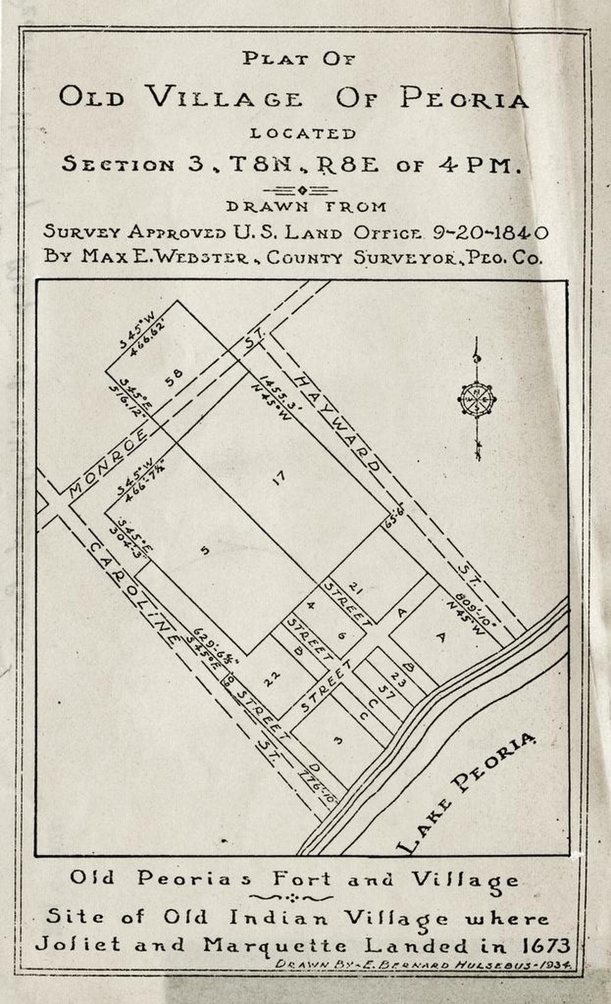 This 1840 land plat for Peoria shows the site of the old city that existed before the village’s burning in 1812. Written on back of image: Peoria History: Map of the Village of Peoria. Nov. 2, 1968.