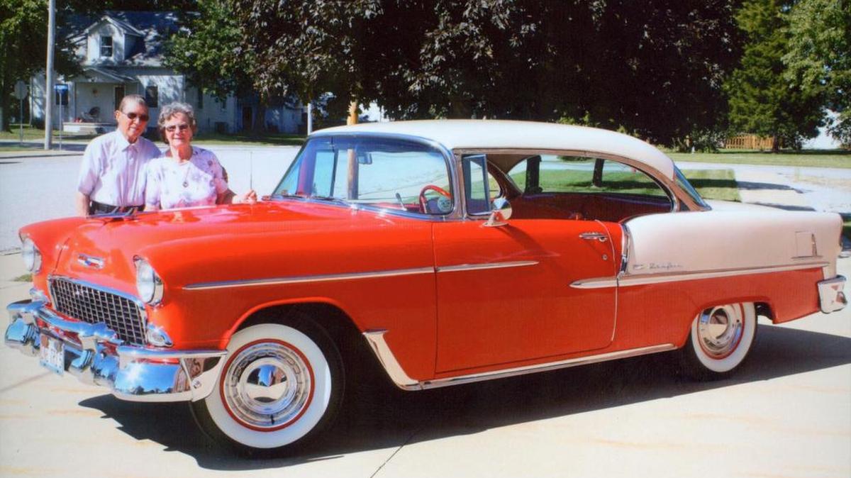 
Francis and Ruth Boeser, of rural Trenton, will celebrate their 60th anniversary by riding in the car they rode in on their wedding day in 1955, a 1955 Chevrolet Bel
Air. The car is owned by John Cook of Carlye, who is the second owner. The original owner was family friend Norman Monken, who bought it new and loaned it to the couple for the wedding.
