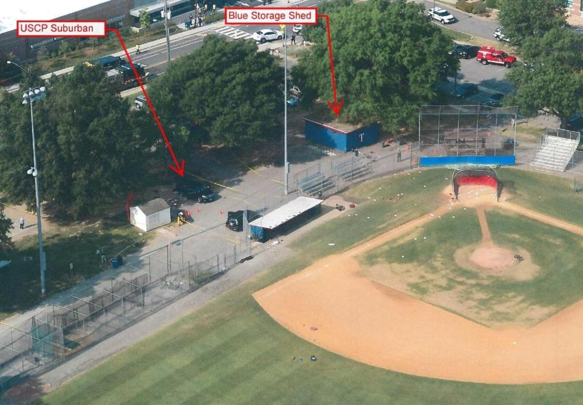 This image from the report shows an overhead view of the baseball field and important locations during the shooting.