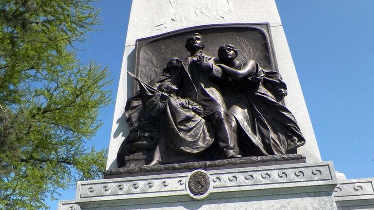 This April 22, 2015, file photo shows a monument honoring Confederate soldiers and sailors that stood in St. Louis’ Forest Park since 1914. The monument has since been removed.