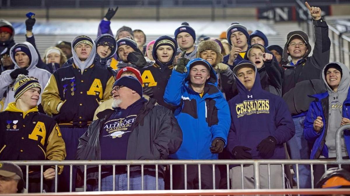 Althoff fans were seen cheering during the first half of Friday’s Class 4A state championship high school game at Huskie Stadium on the Northern Illinois University campus in DeKalb.
