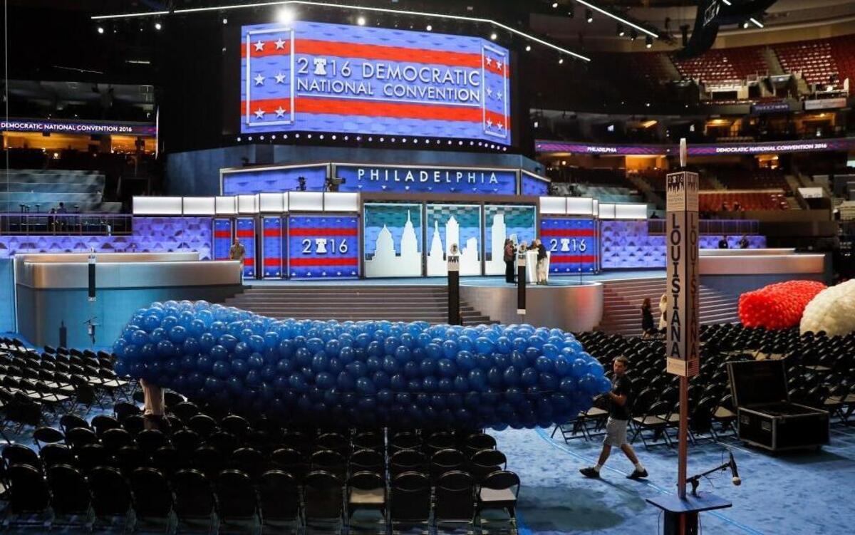 Workers prepare a mass of balloons for the 2016 Democratic National Convention in Philadelphia.