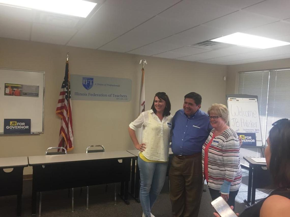 Democratic gubernatorial candidate J.B. Pritzker on Saturday posed for photos with people who attended a campaign organizing event at the Illinois Federation of Teachers office Fairview Heights.
