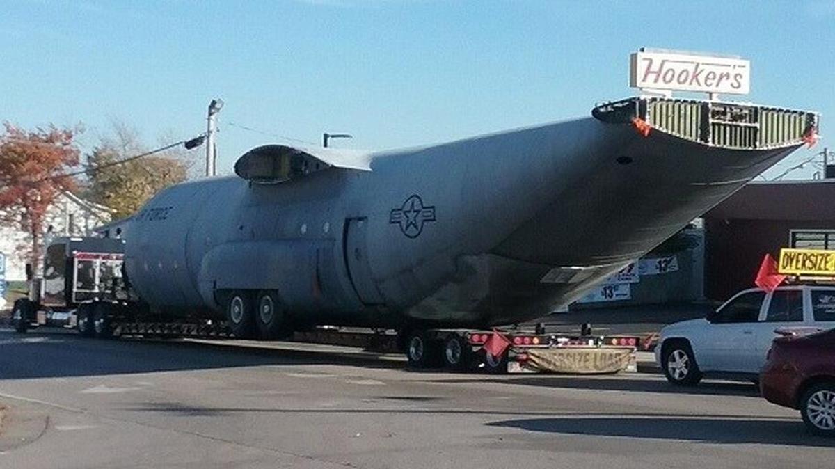 The large, wingless plane on the truck’s trailer as the driver tried to maneuver through Sparta.