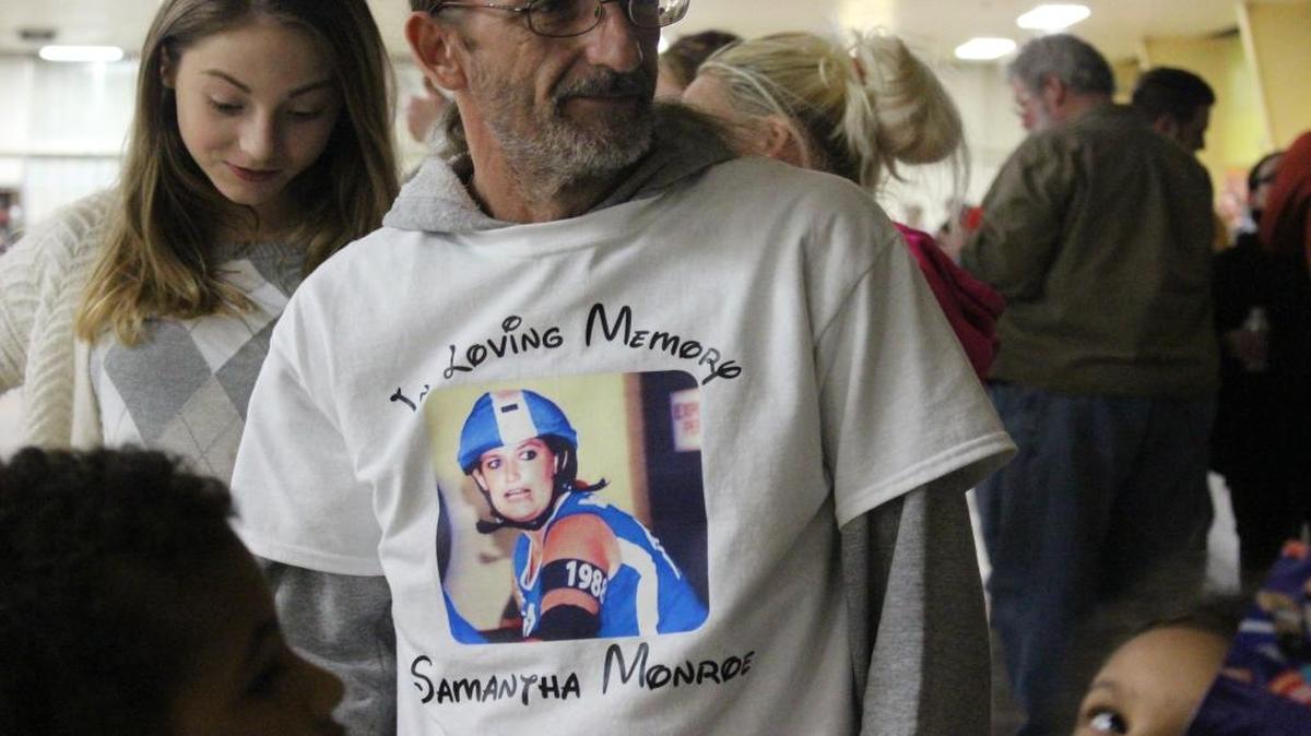 Samantha Miller’s father, Barry Monroe, wore a shirt with her face along with her moniker ‘Slam Van Disel’ on the back. Samantha Miller was honored with a number retirement at her Rolly Derby rink after an alleged drunk driver took her life in October.