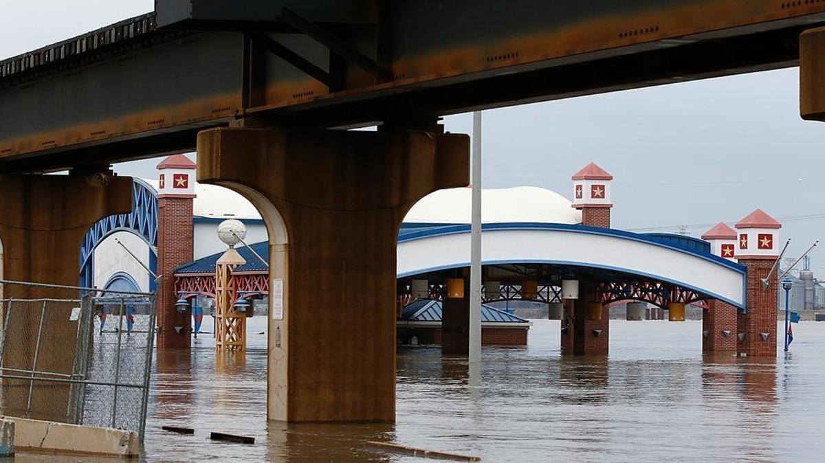 The swollen Mississippi River covers the former entrance Tuesday to the President Casino along the St. Louis riverfront.