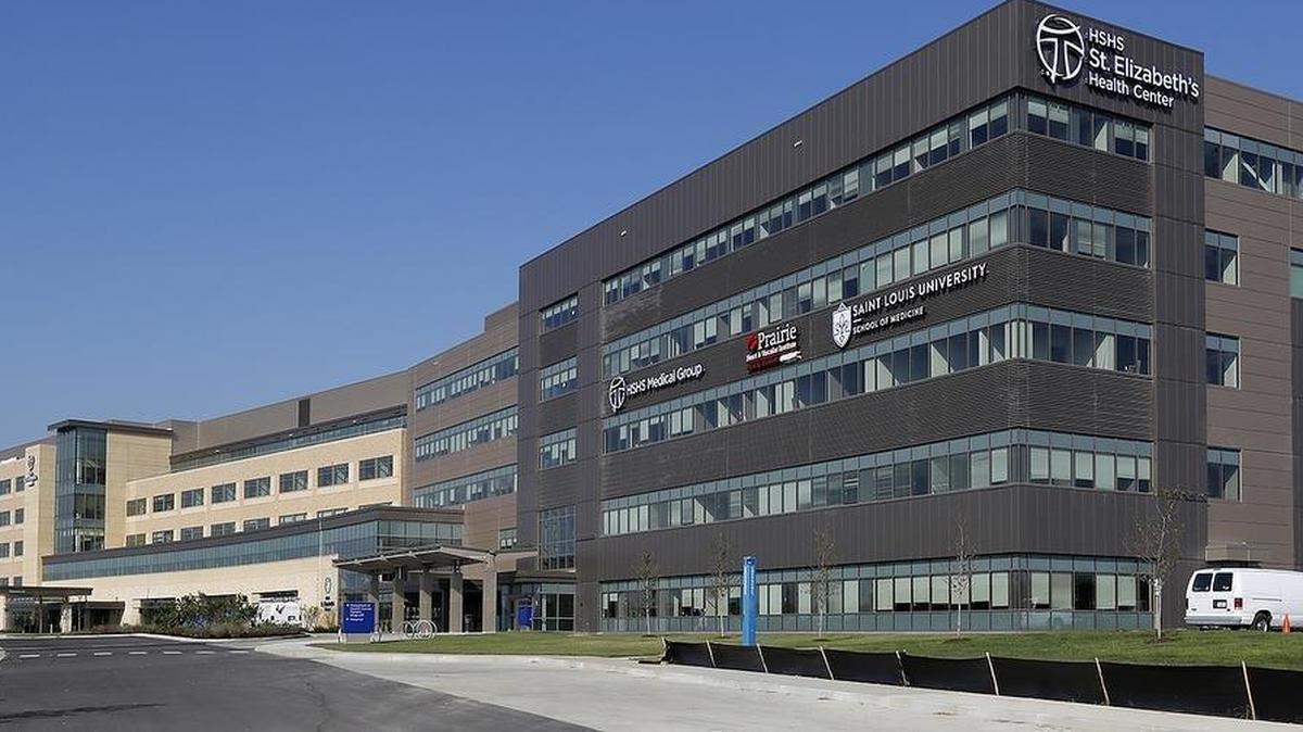 A view of the nearly-completed HSHS St. Elizabeth's Hospital in O’Fallon.