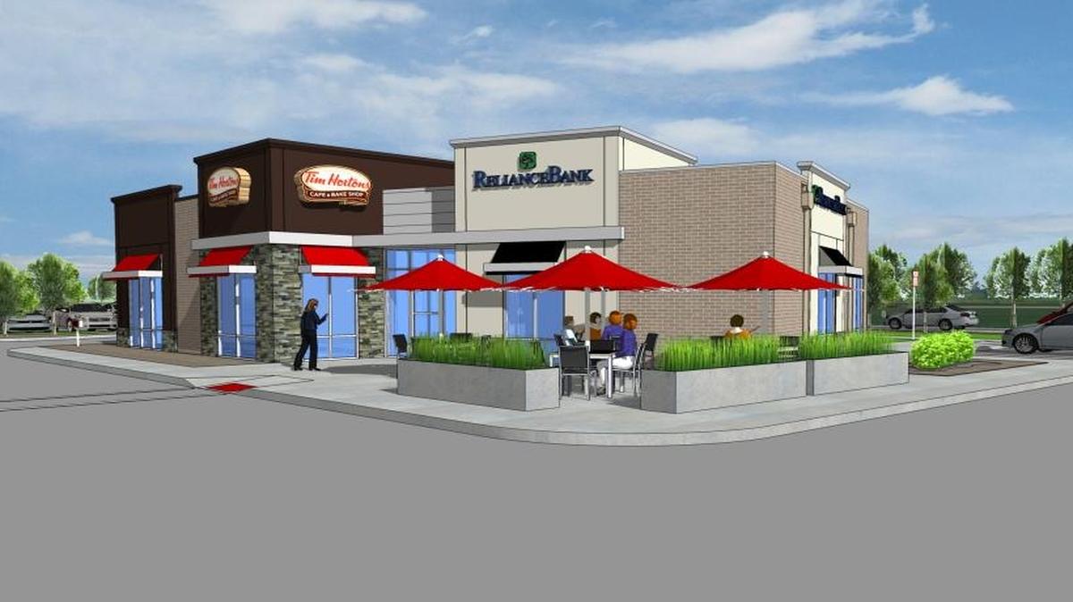 This rendering shows what the Tim Hortons/Reliance Bank building at 450 Regency Park Drive in O’Fallon will look like when it’s finished. Ground was broken at the site Tuesday.