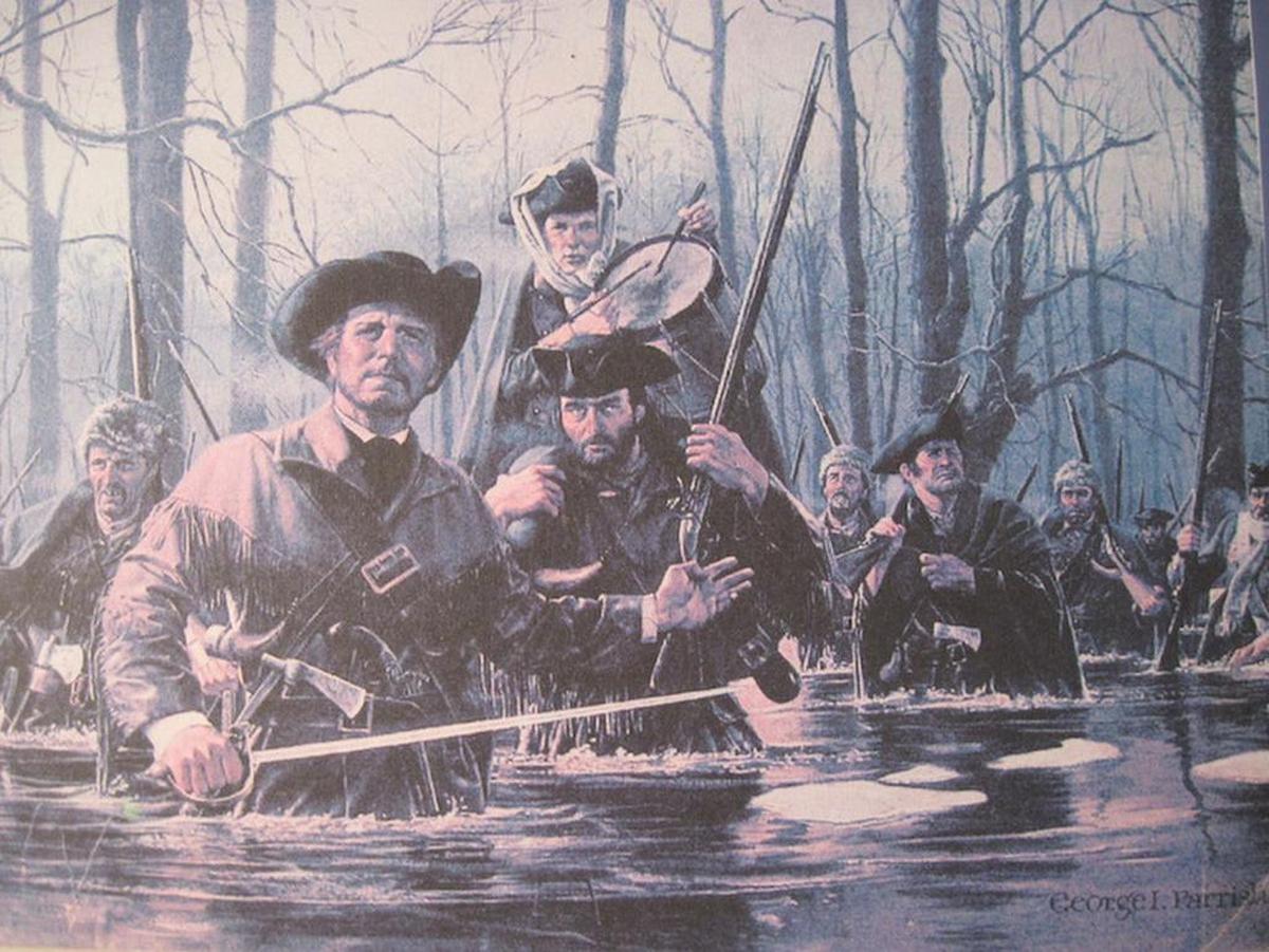 This artist’s rendition is of George Rogers Clark’s expedition on its trek to take back Kaskaskia from the British in 1778.