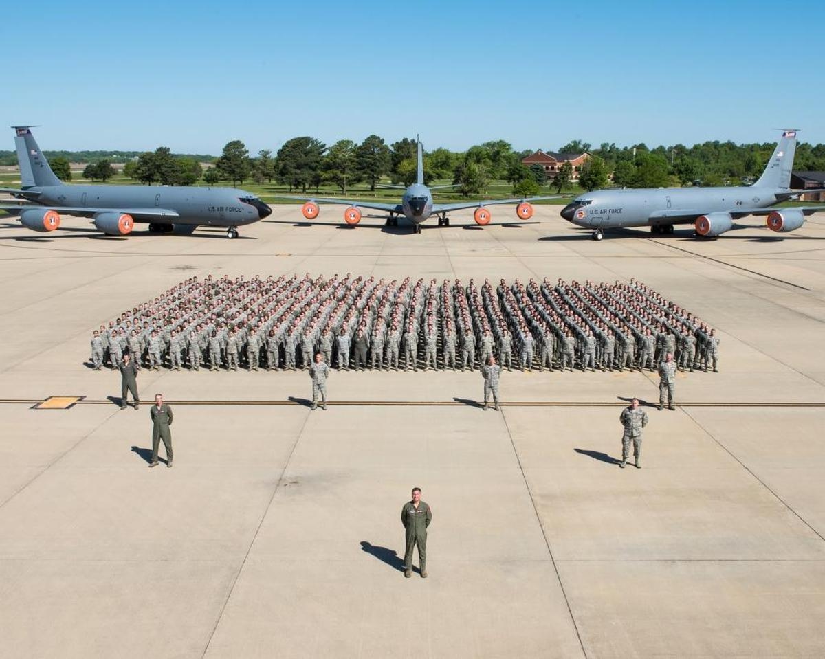 Members of the 126th Air Refueling Wing gathered on the National Guard parking ramp at Scott Air Force Base, Illinois, May 7, 2017, for a Wing photo. Pictured in the front three rows, left to right, front to back, are: Col. Peter Nezamis, Commander; Col. Jeffrey Jacobson, Vice Commander; Chief Master Sgt. Michael Douglas, Command Chief; Col. Tom Jackson, Commander, 126th Operations Group; Col. Joshua Hendrix, Commander, 126th Maintenance Group; Col. Johnathan Boehning, Commander, 126th Mission Support Group; and Lt. Col. Dennis Els, Commander, 126th Medical Group.