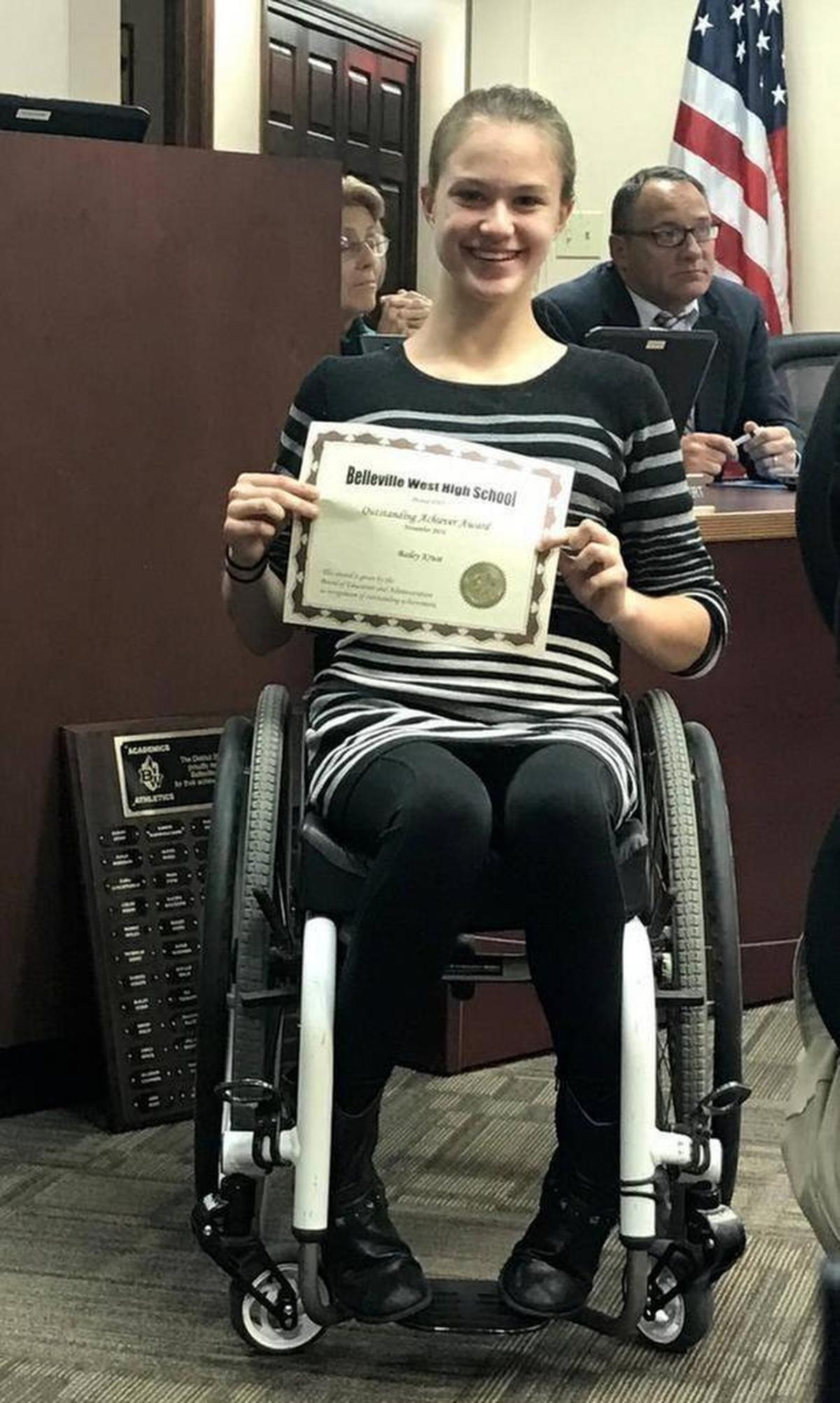 Belleville West High School junior Bailey Kruse has a long list of athletic accomplishments and is able to maintain her grades, too. Principal Rich Mertens said she does that despite the extreme fatigue she can feel because of a degenerative neuromuscular disorder called Friedreich’s ataxia.