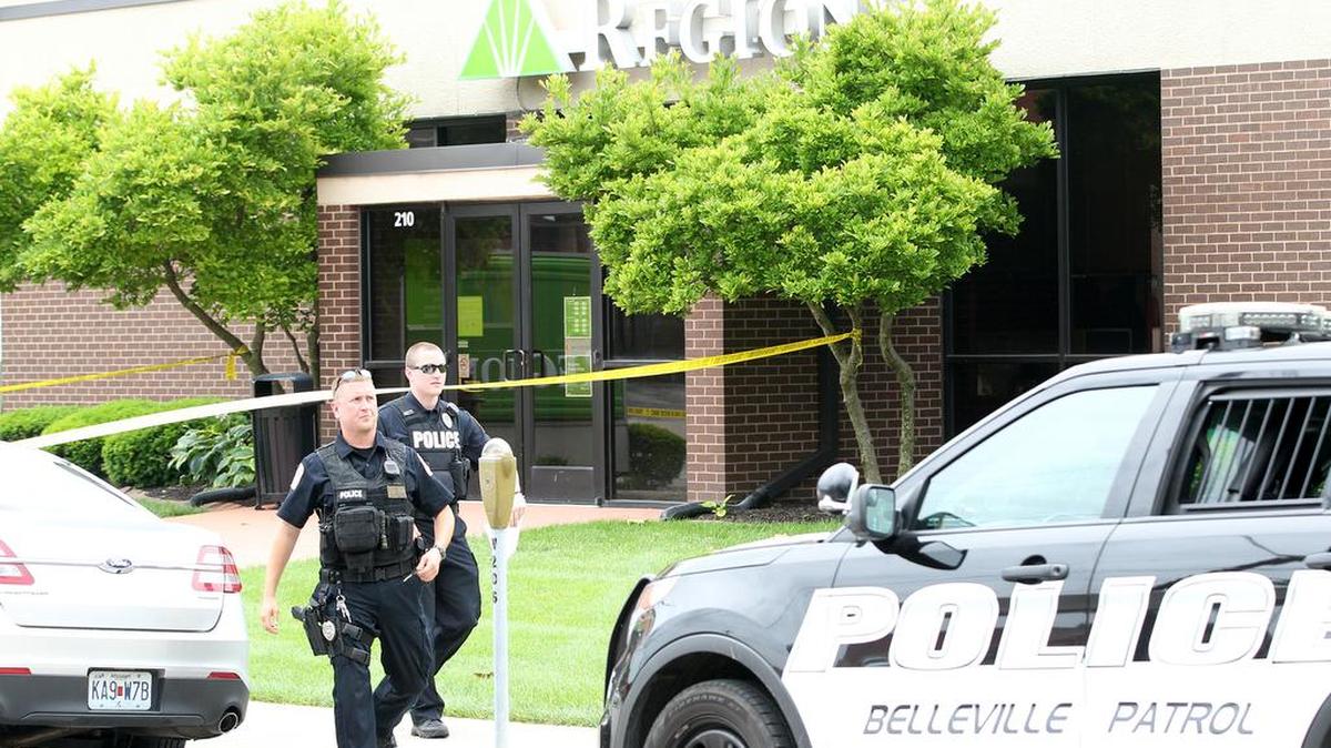 Belleville police on the scene of a robbery reported Friday at Regions Bank in Belleville on East Washington Street.