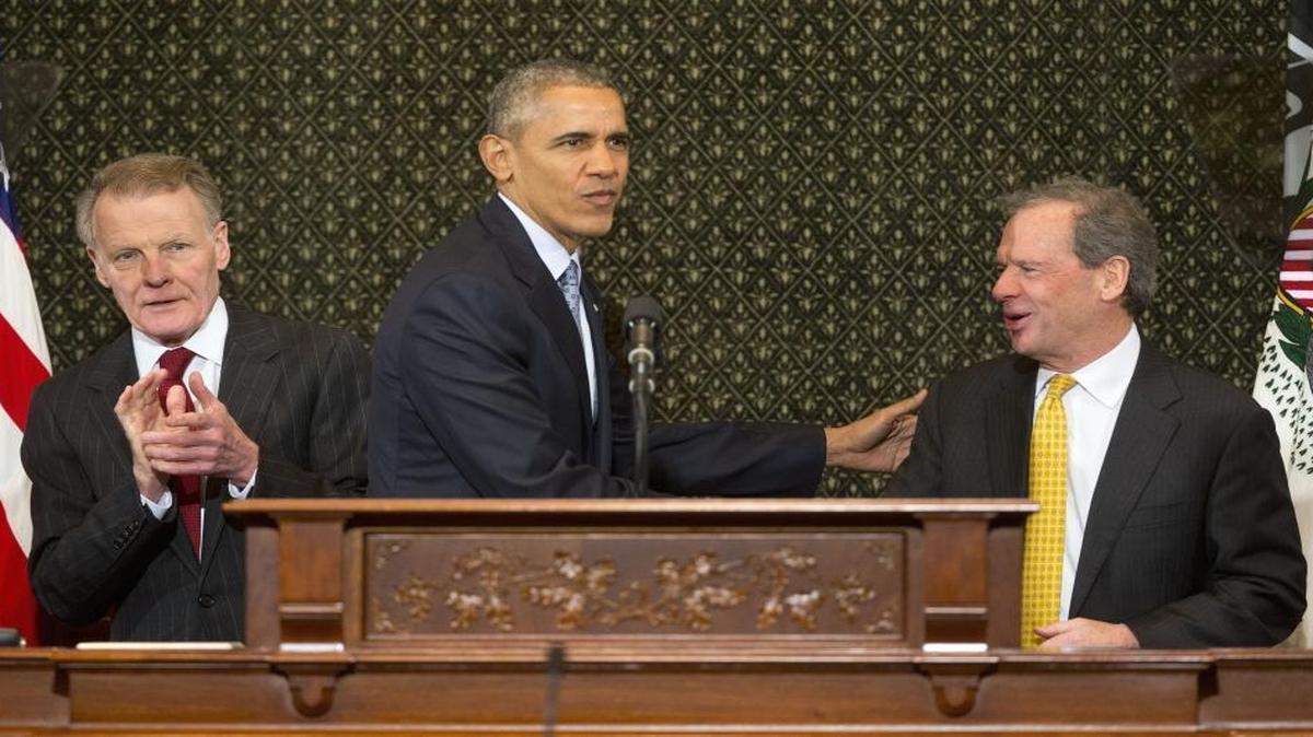 President Barack Obama is greeted by Illinois Senate President John Cullerton, right, and Illinois House Speaker Michael Madigan before addressing the Illinois General Assembly on Wednesday.