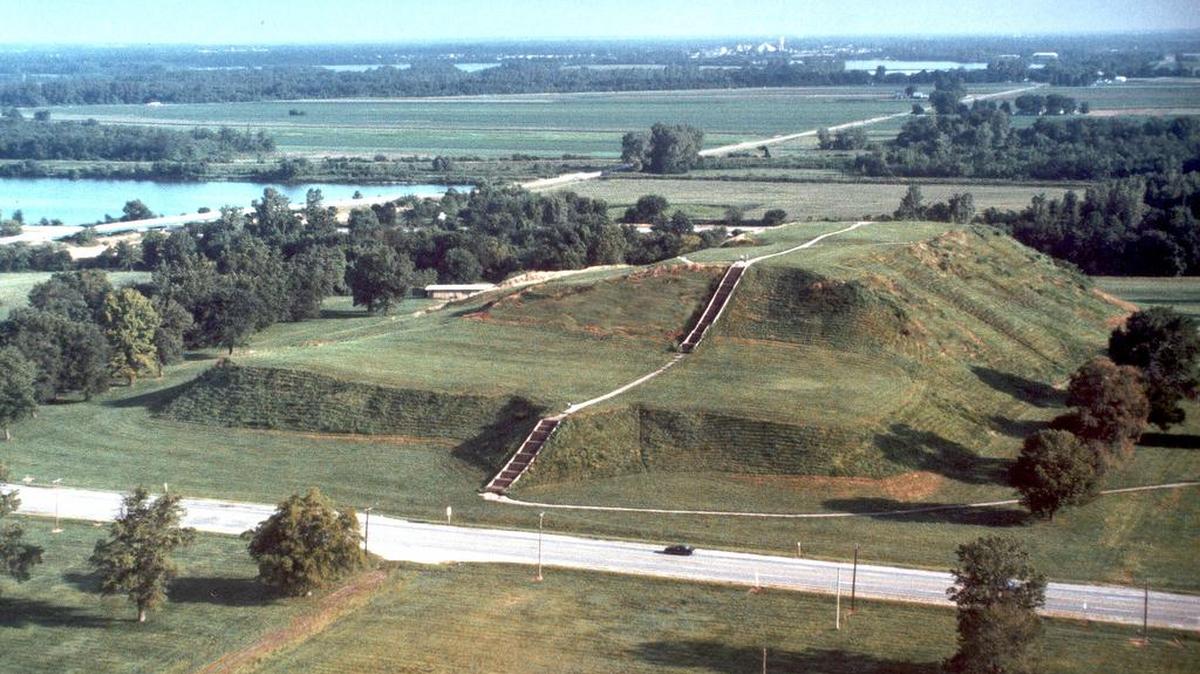 An aerial view of the 100-foot-high Monks Mound at Cahokia Mounds State Historic Site, the largest prehistoric earthwork in the Americas.