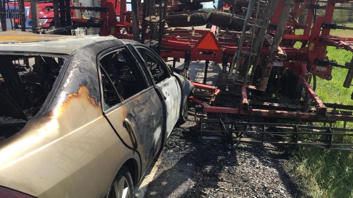 A woman crashed into the back of a large cultivator in rural Washington County on Thursday afternoon.