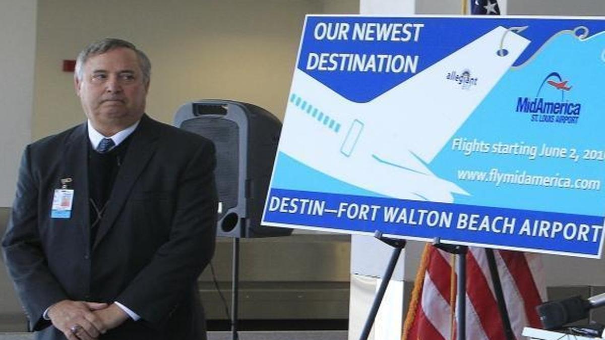 MidAmerica Airport Director Tim Cantwell listens during a press conference about the new flights to Destin-Fort Walton Beach, Fla. The St. Clair County Public Building Commission on Thursday approved a $20,458 bonus for Cantwell for meeting passenger goals and for adding new tenants at the airport in 2015.
