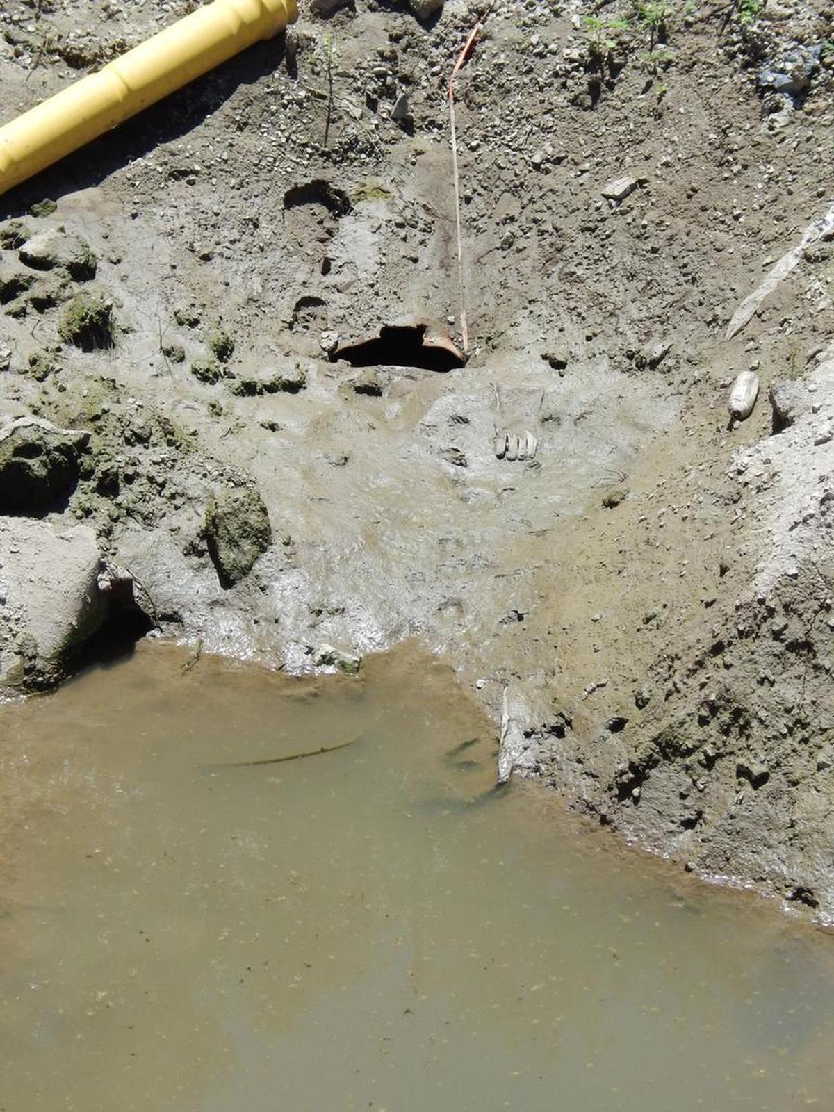 A mixture of raw sewage and storm water lines a sinkhole at the Madison Pump Station that led to a state EPA decision to pump the mixture into the Mississippi until the water table drops enough to allow for safe repairs. (George Pawlaczyk/News-Democrat)