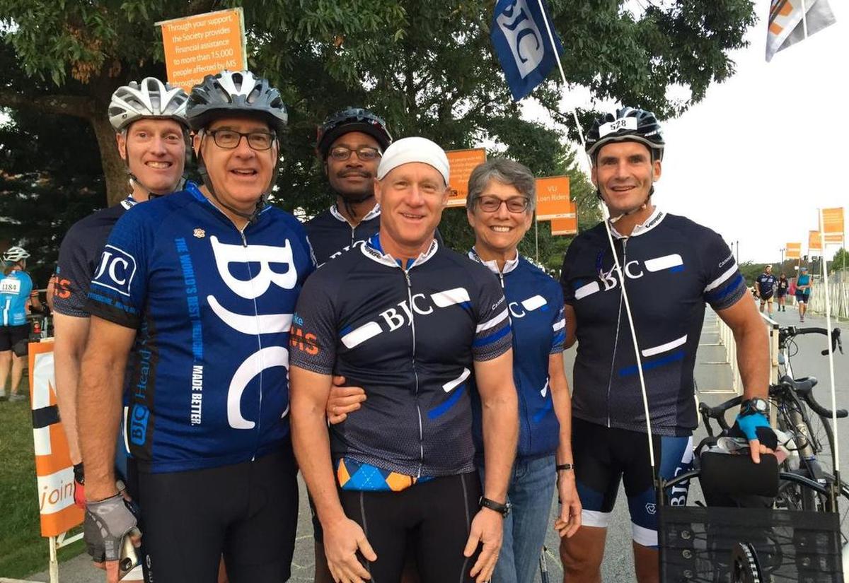 BJC’s team in the MS 150 bike ride includes former BJC President and CEO Steven Lipstein, center, and his replacement, Richard Liekweg, far right. Lipstein’s wife, Susan, who stands next to him, has multiple sclerosis.