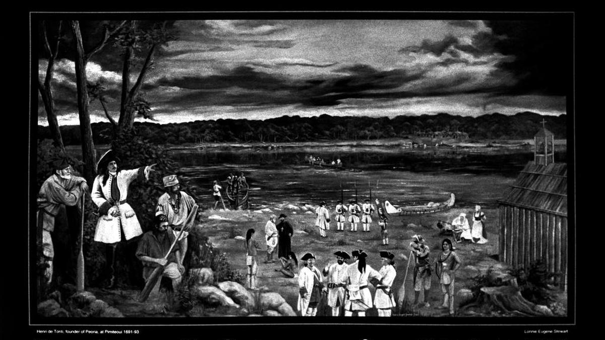This illustration, created for Peoria’s tricentennial in 1991, showcases the beginning of the peaceful coexistence between settlers and American Indians in the Peoria area of the Illinois River valley. That continued coexistence caused puzzlement and concern among territorial authorities at the start of the War of 1812 and resulted in a military expedition to the village on the site of modern-day Peoria. That expedition, through a series of misunderstandings, burned the town, setting off a decades-long court fight over land rights. Written on back of image: Tri-Centennial Poster which is one of many memorabilia items which are on sale.