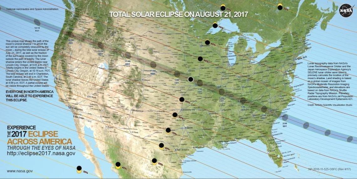 This map shows the path of the moon’s umbral shadow – in which the sun will be completely obscured by the moon – during the total solar eclipse of Aug. 21, 2017, as well as the fraction of the sun’s area covered by the moon outside the path of totality. The lunar shadow enters the United States near Lincoln City, Oregon, at 9:05 a.m. PDT. Totality begins in the United States in Lincoln City, Oregon, at 10:16 a.m. PDT. The total eclipse will end in Charleston, South Carolina, at 2:48 p.m. EDT. The lunar shadow leaves the United States at 4:09 p.m. EDT. A partial eclipse will be visible throughout the United States.