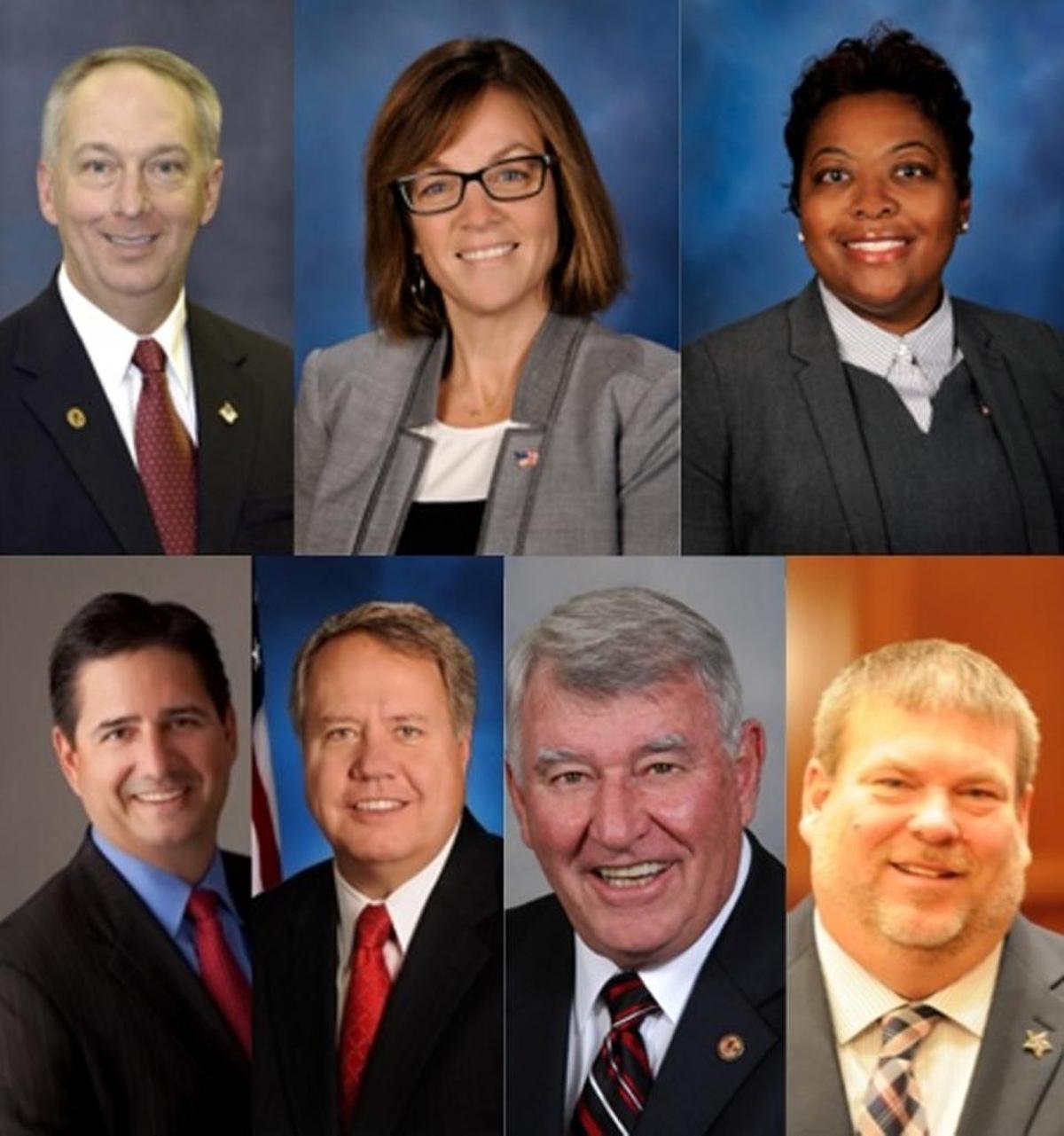 Local state representatives from top left to right: Dan Beiser, Katie Stuart, LaToya Greenwood, Jerry Costello II, Jay Hoffman, John Cavaletto and Charles Meier.