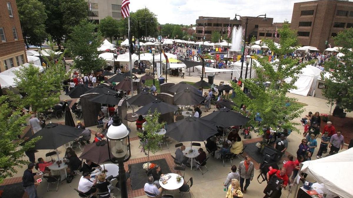 Big crowds typically fill downtown Belleville for the Art on the Square. This overall view is from the second floor of the Art on the Square office located on the southeast corner of Public Square.