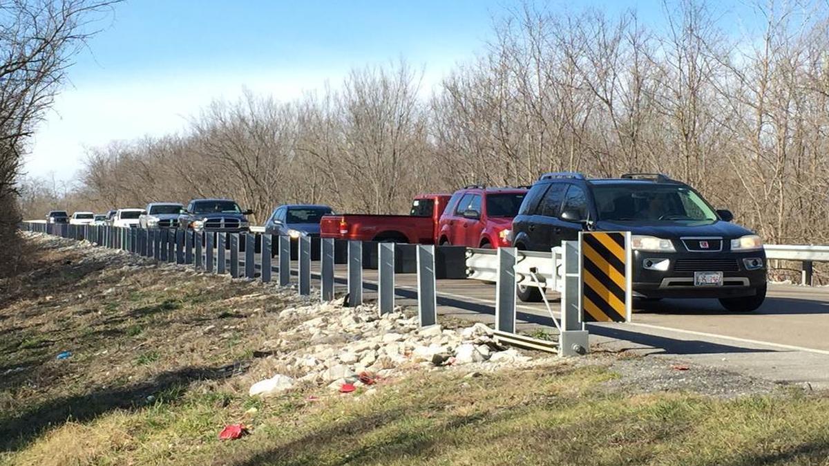 Traffic was backed up along eastbound U.S. Route 50 Sunday as cars turn around where the road is blocked at Quarry Road west of Lebanon.