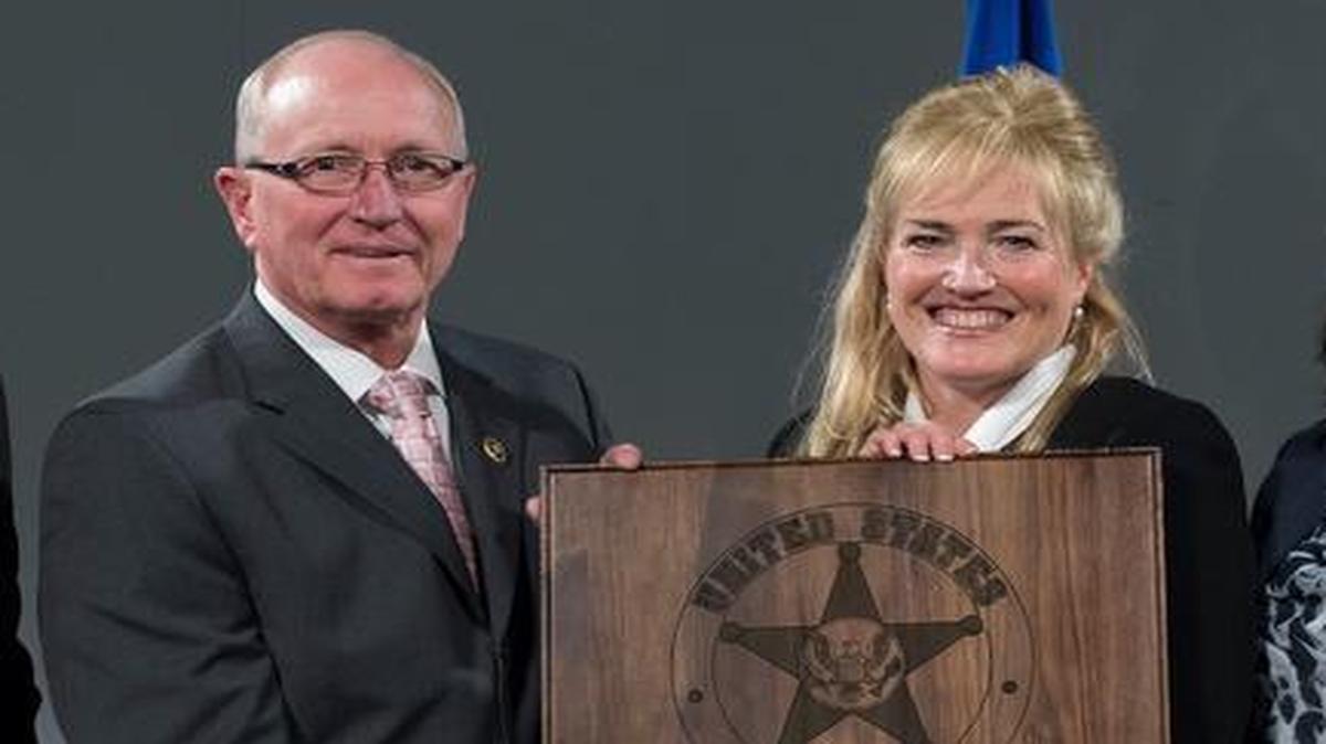 
The U.S. Marshals Service for the Southern District of Illinois was honored with the highest award given by the federal agency, the Distinguished District Award. Pictured from left are: Deputy Director David Harlow, Southern Illinois U.S. Marshal Don Slazinik, Director Stacia Hylton, Southern Illinois Chief Deputy Karen Simons and Southern Illinois Administrative Supervisor Wendy Winston. 
