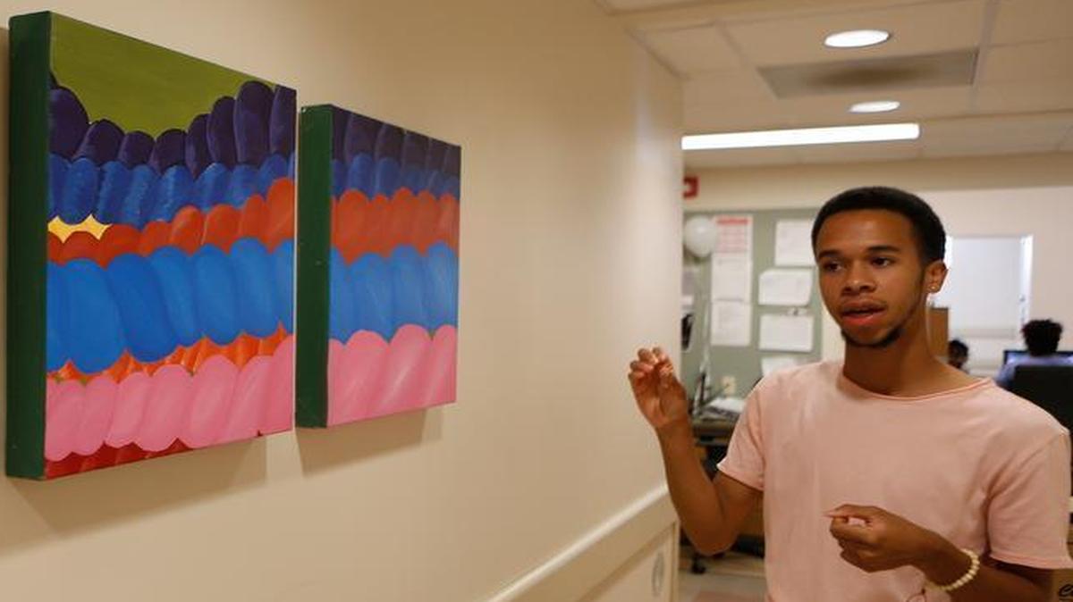 
East St. Louis High School student Andra Lang talks about one of paintings that is on display at Southern Illinois Healthcare Foundation Center on State Street in East St. Louis
