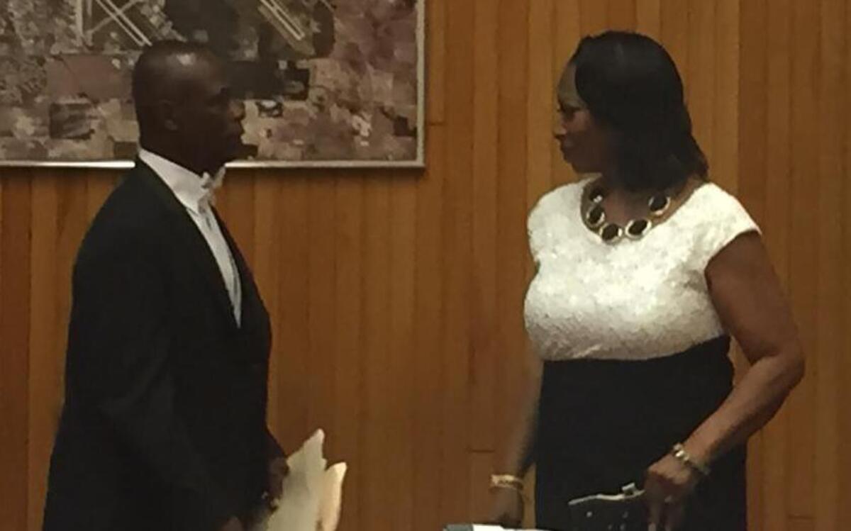 
New St. Clair County Board Member Lorraine Haywood was sworn in on Monday to represent the 25th District. Her term runs through December 2016. After being sworn in, Haywood was congratulated by her husband, James Haywood.

