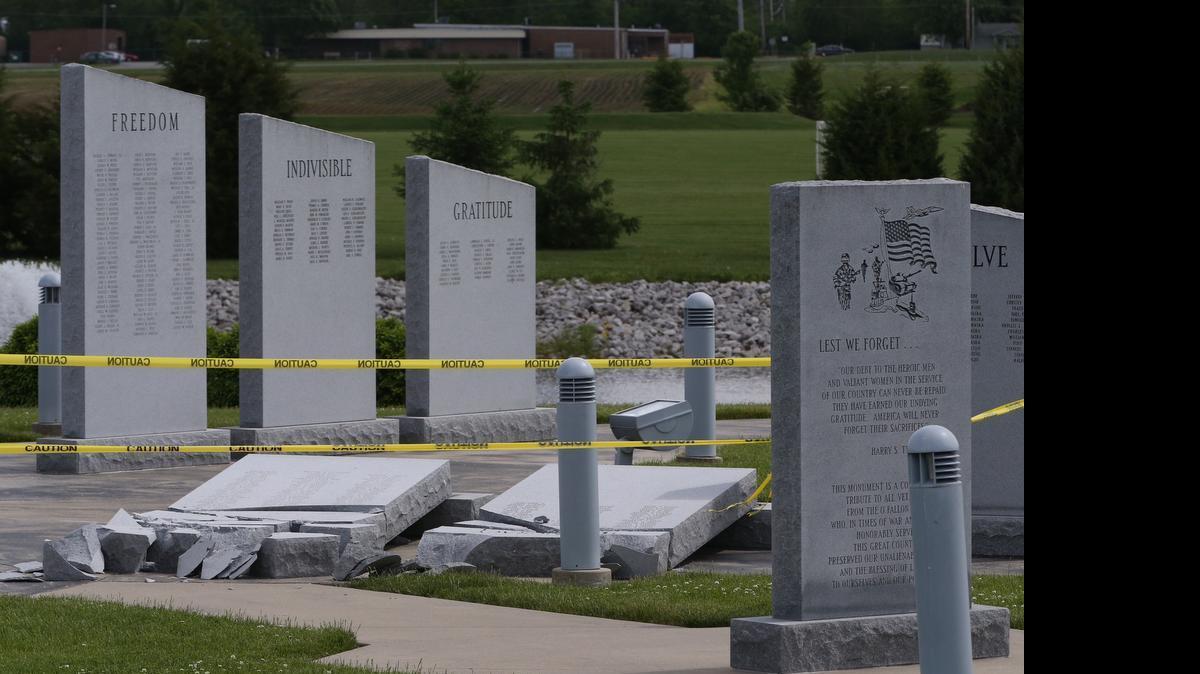 
Two stone tablets containing the names of military veterans were knocked over either Sunday night or Monday morning at the O’Fallon City Veteran’s Memorial. Police are investigating whether vandals or high winds were responsible for the damage.
