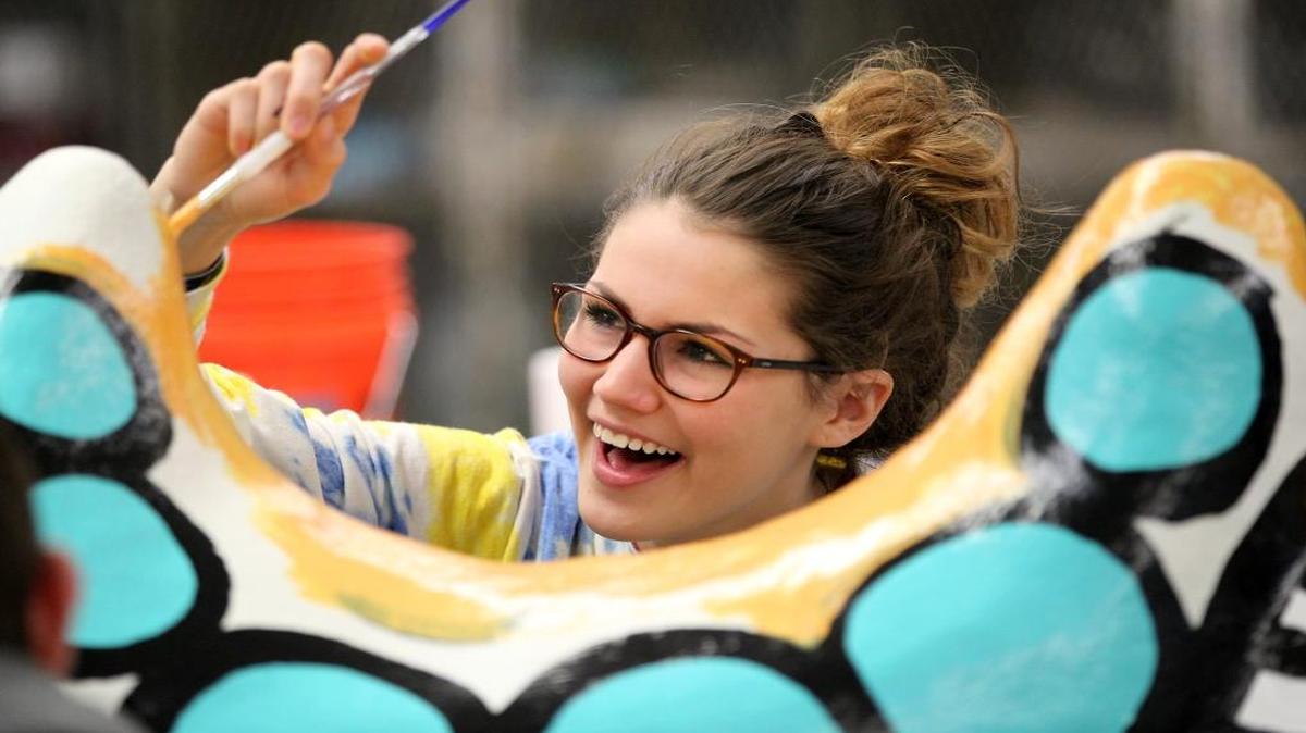 Belleville East senior Trinity Parker works on one of two large sculptures being made for the Art on the Square High School Sculpture in the City Program. The project, sponsored by the Mathis, Marifian & Richter law firm, will create two sculptures that will be permanently displayed at Laderman Park in Belleville. Artist Marina Lee is leading the project that started in March with the students of Belleville East High School. The sculptures will be unveiled opening night of Art on the Square, Friday, May 13 at 7 p.m.