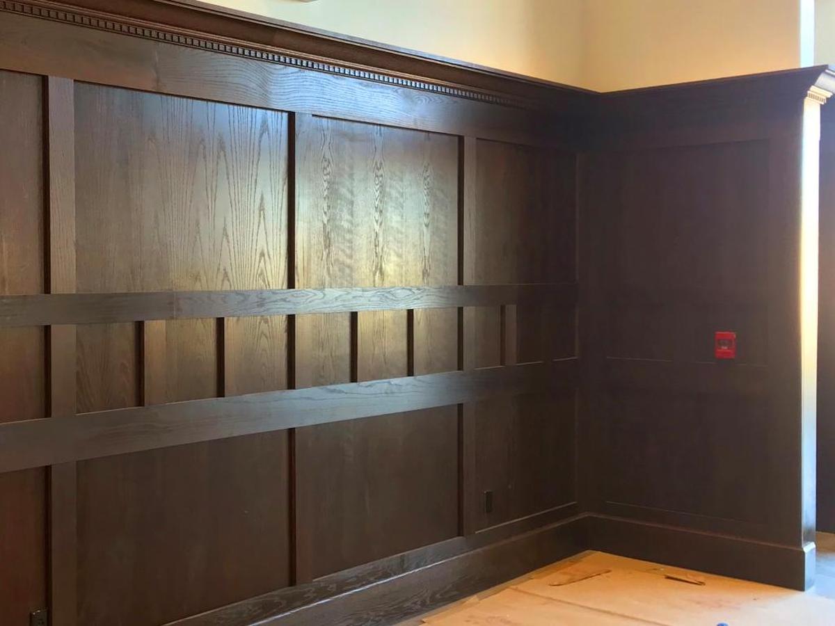 Hardwood wall accents inside the Hofbräuhaus under construction in Belleville.
