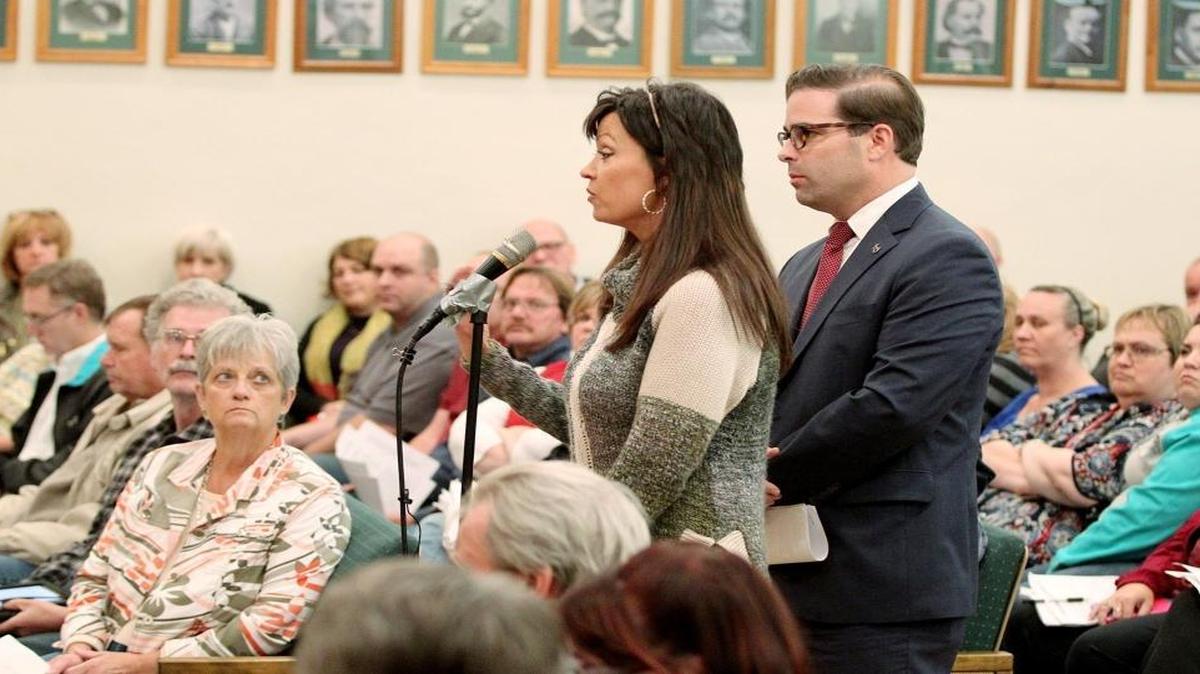 Lindendwood University Belleville dean of students Angela Wingo and campus president Brett Barger answer questions from the city’s Zoning Board of Appeals. Lindenwood has requested special-use permits for more than 50 homes and apartment buildings for student housing, and the City Council will make a decision tonight.