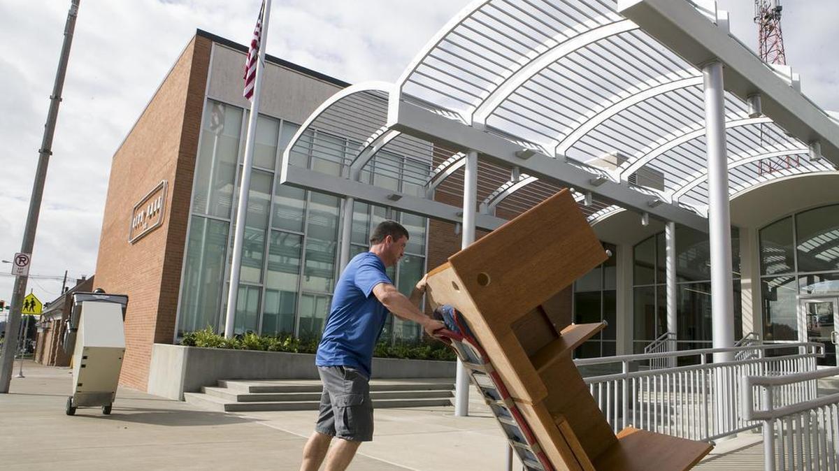 Workers with Cord Moving and Storage dolly office furniture back into the newly renovated Belleville City Hall. The renovations to city hall, located at 101 S. Illinois St., are complete and city hall will be open to the public on Monday, Oct. 9. City meetings have already started back in their original locations, visit www.belleville.net for more information.