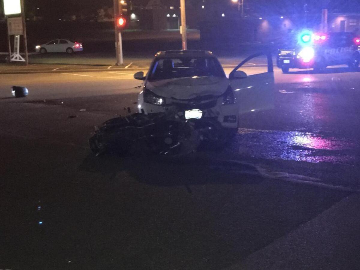 A motorcycle and car collided at 8:49 p.m. Thursday where South Belt West intersects with State Street in Belleville.