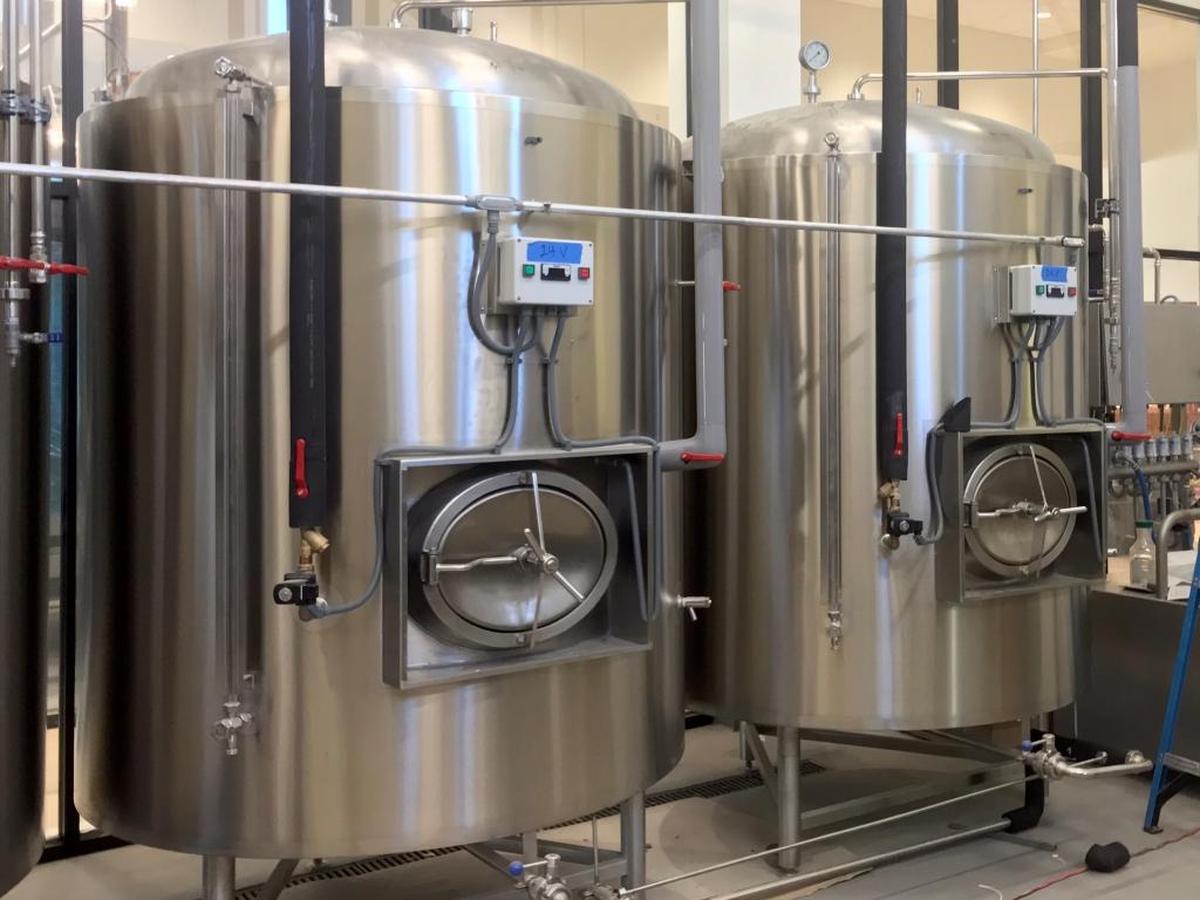 These are two of six beer storage tanks at the Hofbräuhaus under construction in Belleville.
